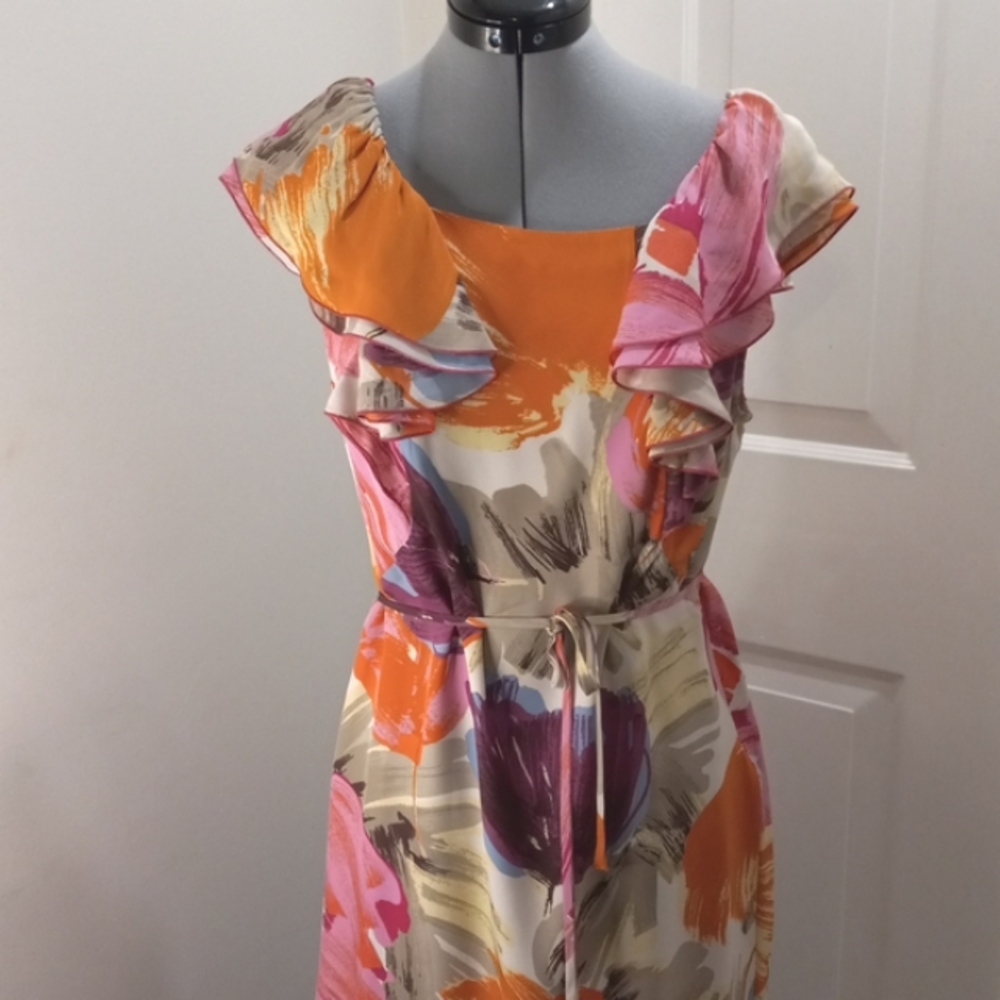 BCBG Sz 6 Floral Color Block Ruffle Sun Midi Dress, Lined